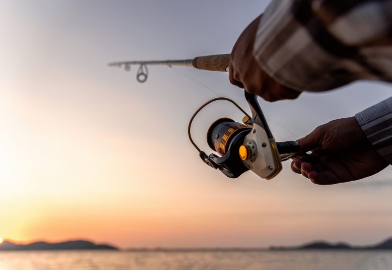Fishing on the lake at sunset. Closeup spinning in the male hand, Fishing background.